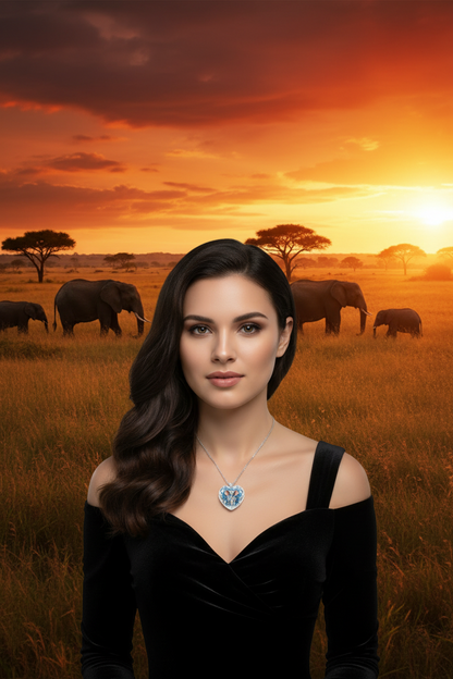 Silver chain necklace with blue elephant heart crystal pendant, black off-shoulder top