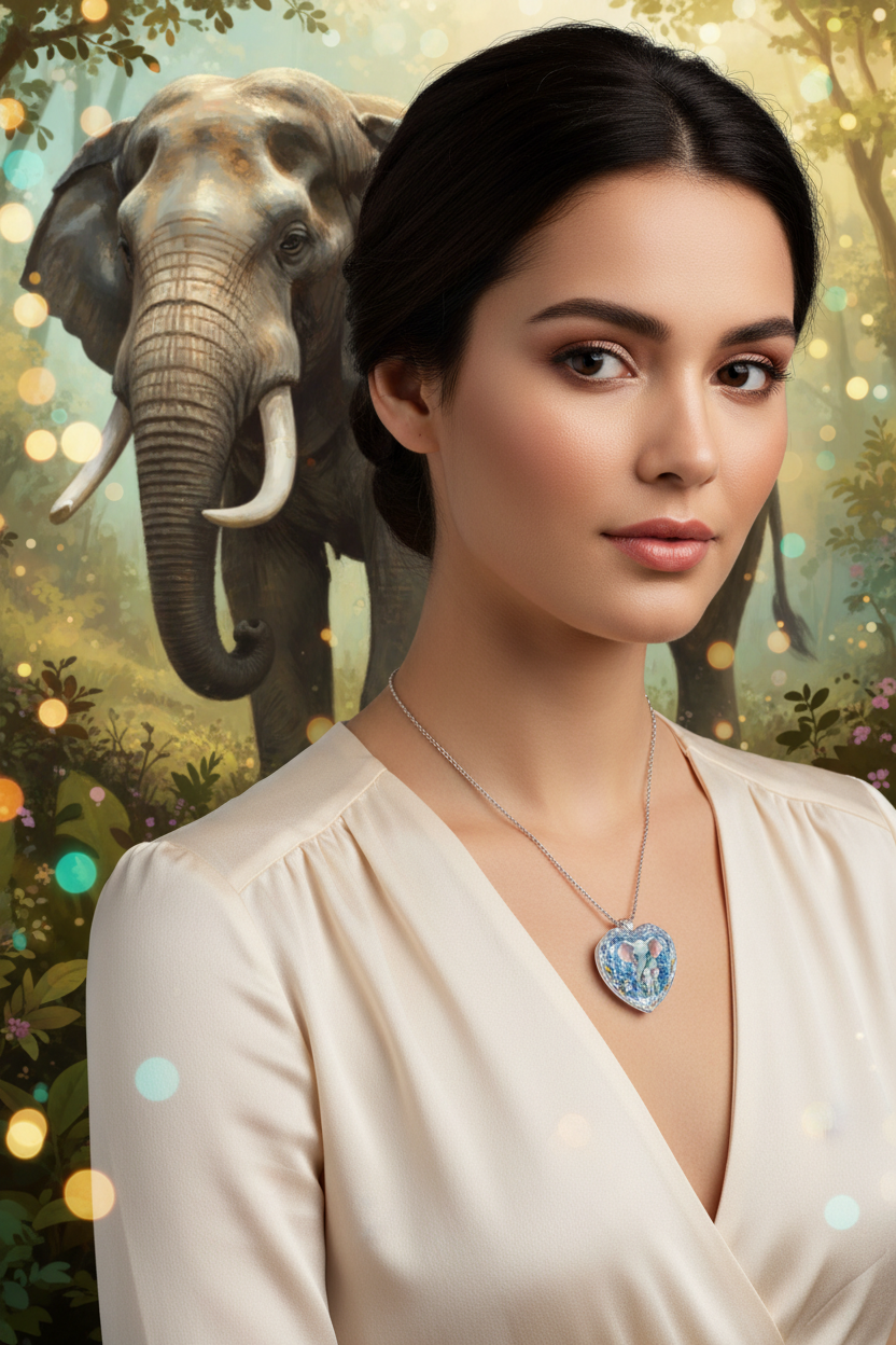 Blue elephant heart crystal pendant necklace with fine silver chain close-up