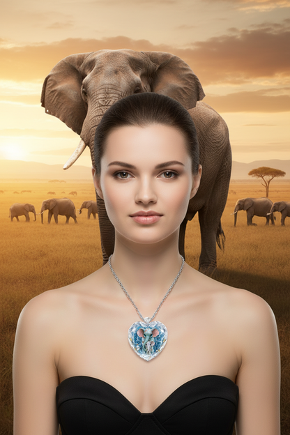 Blue crystal pendant elephant necklace with heart-shaped pendant on silver chain