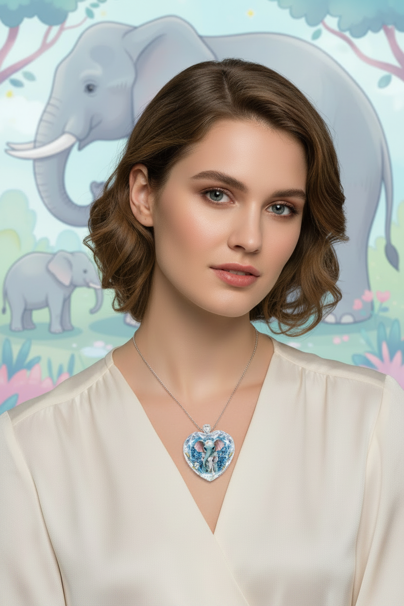 Blue crystal heart pendant elephant necklace with silver chain on cream dress