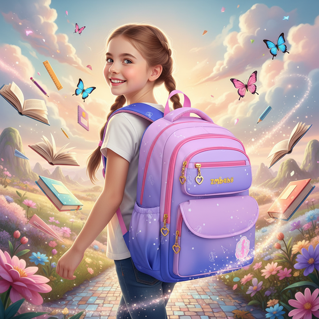Gradient school backpack with front pocket and heart charms, purple and pink accents