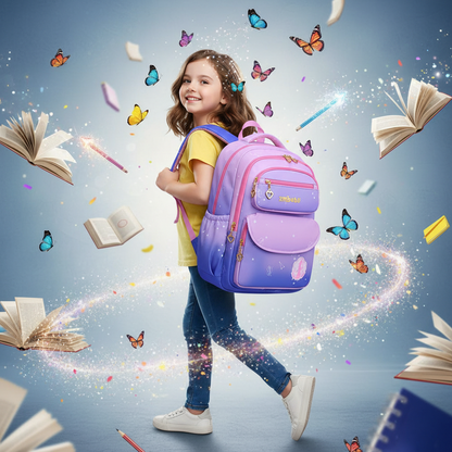 Purple and pink kids backpack with front pocket, gold heart charm, and padded shoulder straps