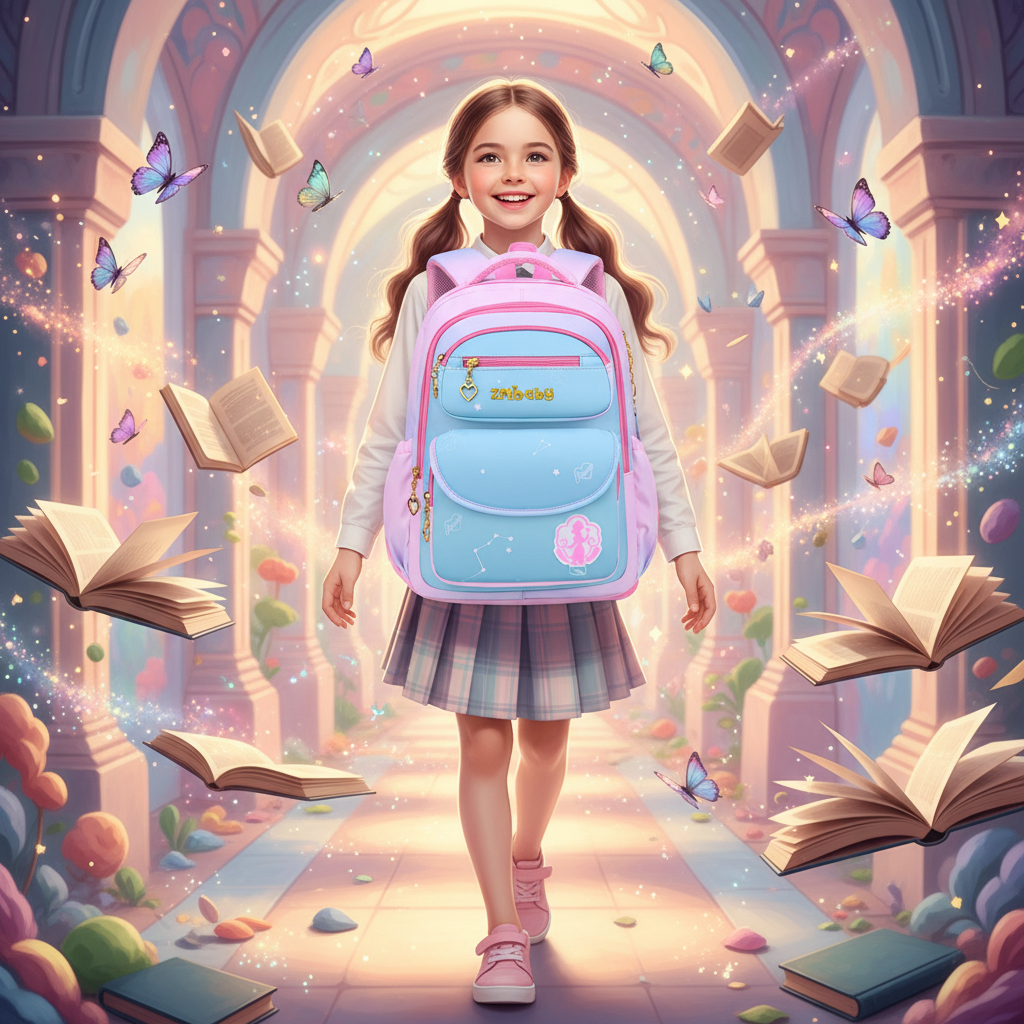 Pink and light blue school backpack with two front pockets and heart charm zipper pulls
