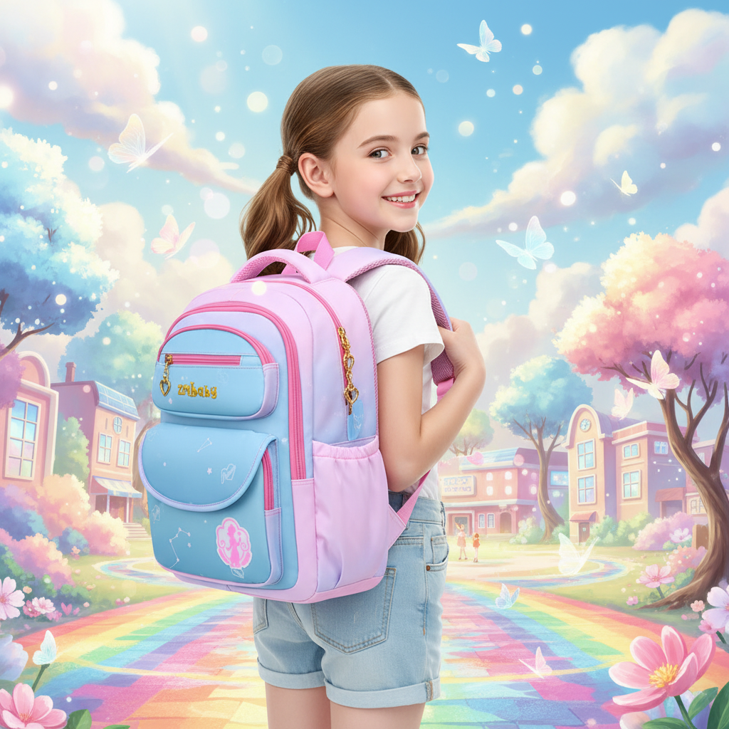 Pink and light blue gradient backpack with front pocket, gold zipper pulls, and side tabs