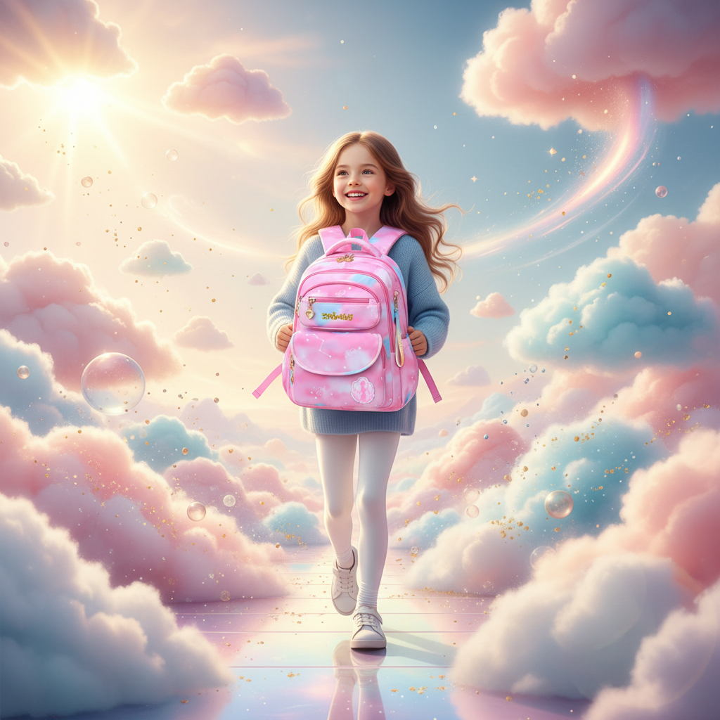 Pink kids backpack with front zipper pocket, glossy finish, and charm keychain detail