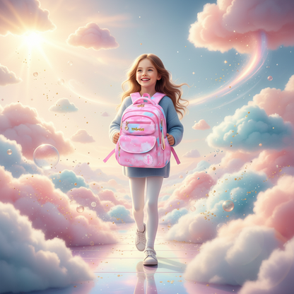 Pink kids backpack with front zipper pocket, glossy finish, and charm keychain detail