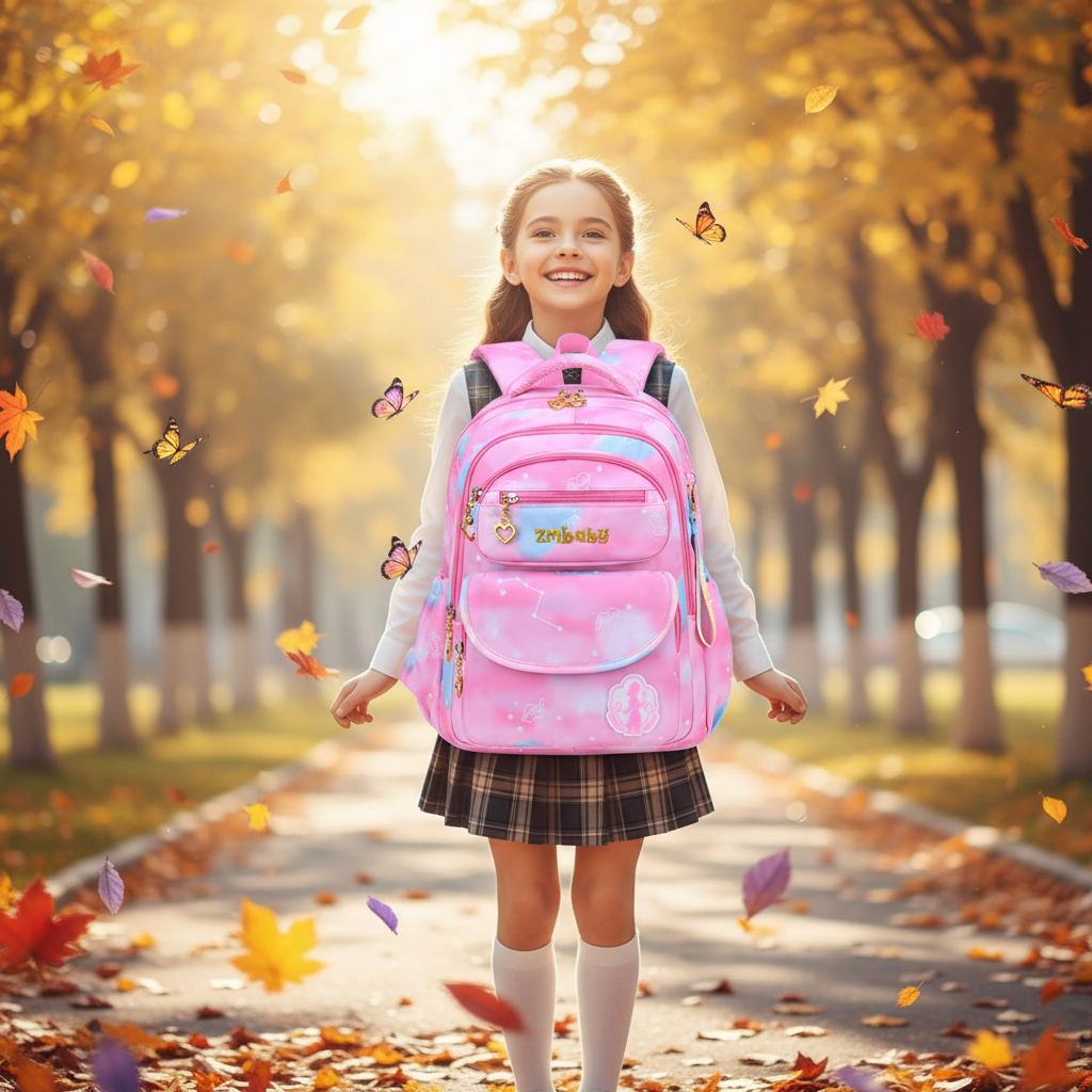 Pink school backpack with double front compartments, gold zipper pulls, and hanging charms