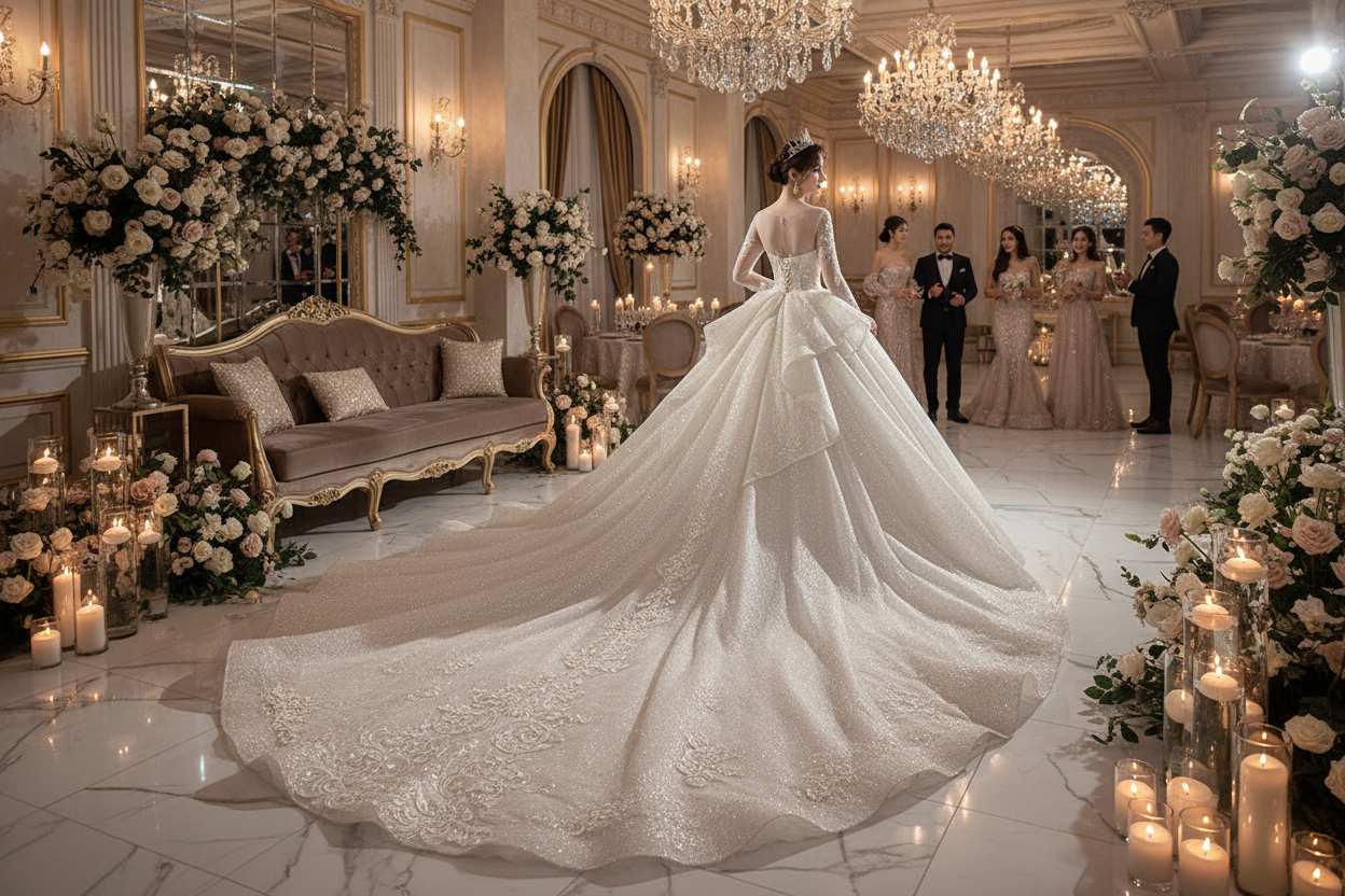 Wedding evening dress with open back, fitted long sleeves, and full A-line skirt