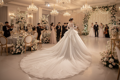 Long-sleeve wedding evening dress with shimmering A-line skirt and flowing train