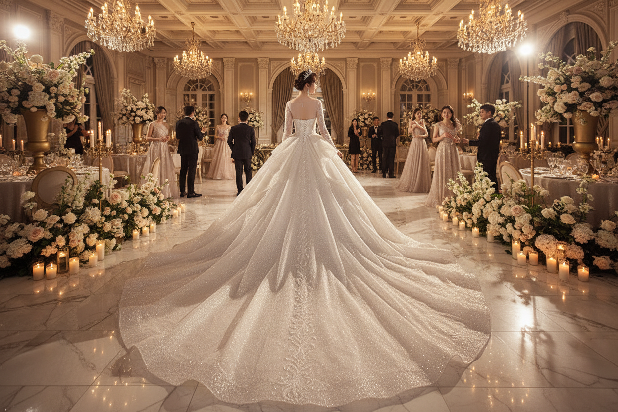 Long-sleeve wedding evening dress with full A-line skirt and sparkling long train