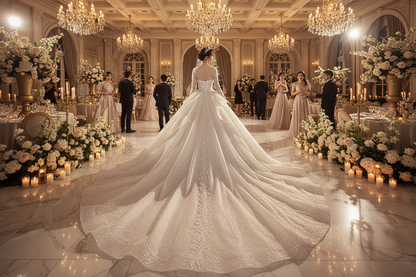 Long-sleeve wedding evening dress with full A-line skirt and sparkling long train