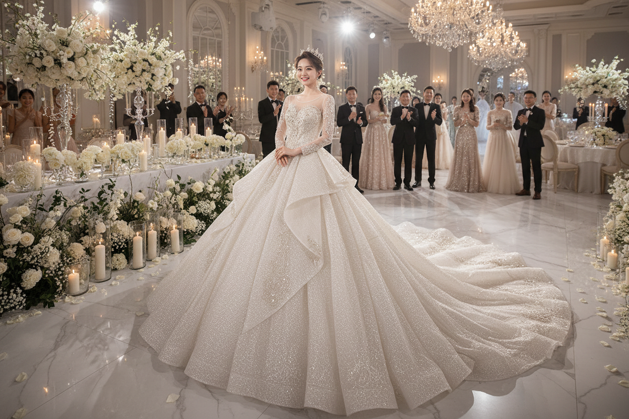 Glitter long-sleeve wedding evening dress with voluminous skirt and layered train
