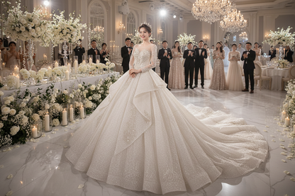Glitter long-sleeve wedding evening dress with voluminous skirt and layered train