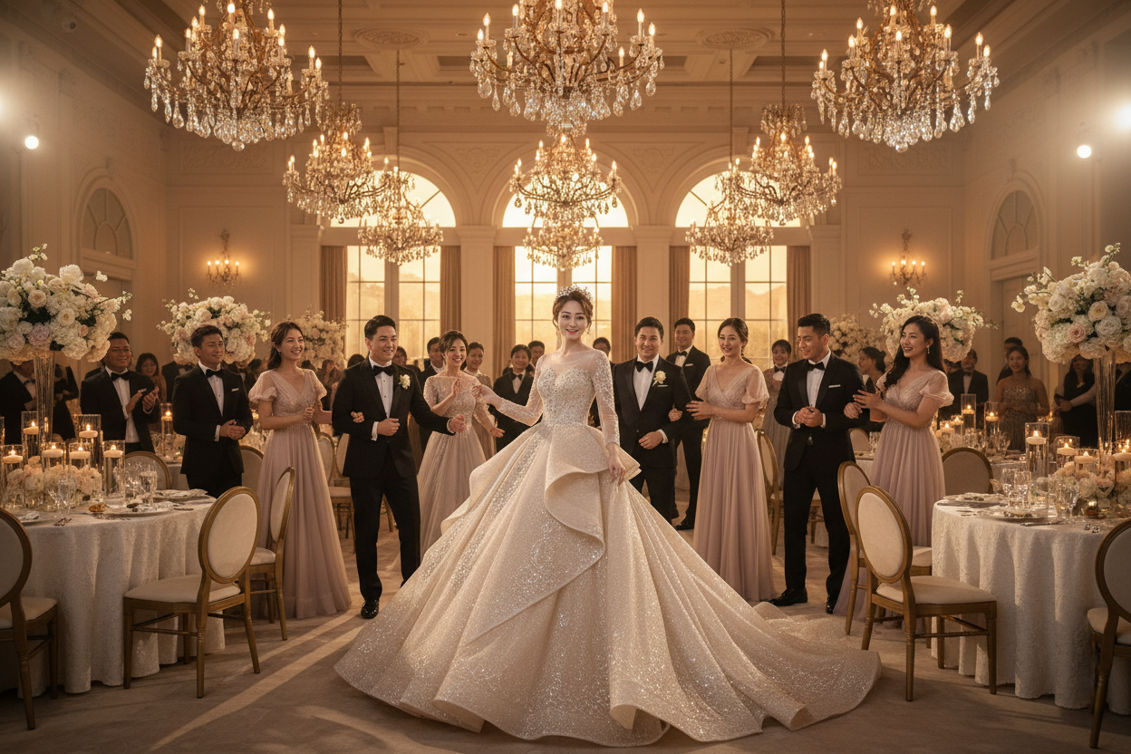 Glitter long-sleeve wedding evening dress with fitted bodice and sweeping train