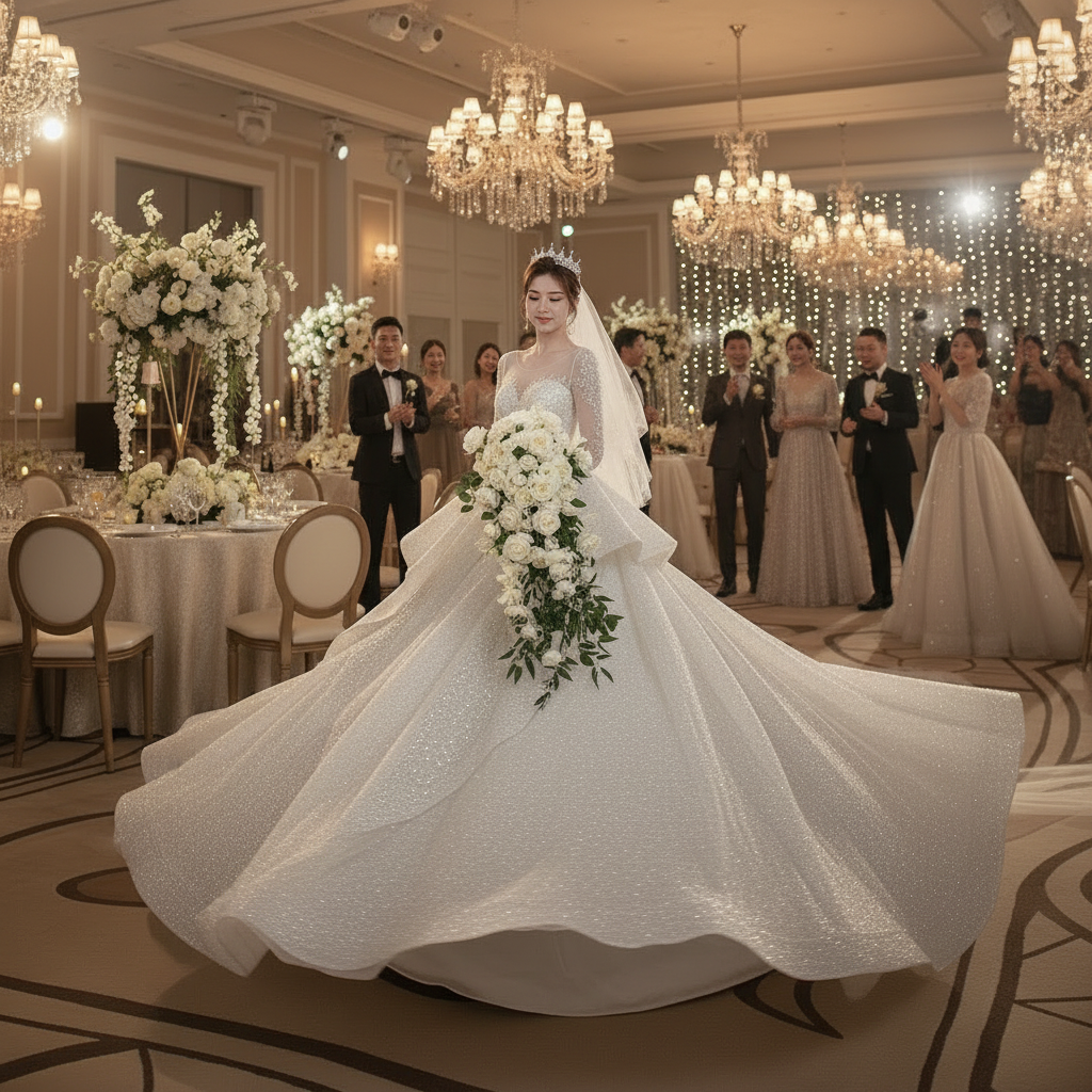 Glitter long-sleeve wedding evening dress with full skirt and long pointed train