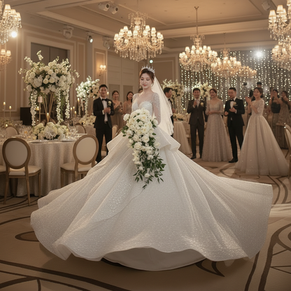 Glitter long-sleeve wedding evening dress with full skirt and long pointed train