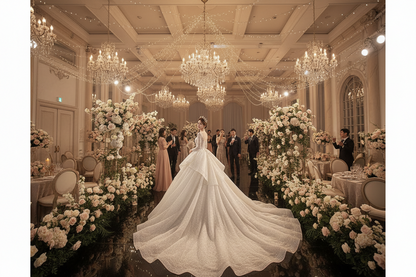 Long-sleeve wedding evening dress with voluminous A-line skirt and sheer veil