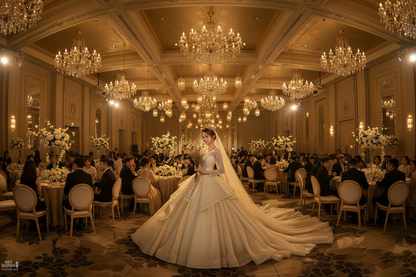 Glitter long-sleeve wedding evening dress with wide skirt and long train, side view