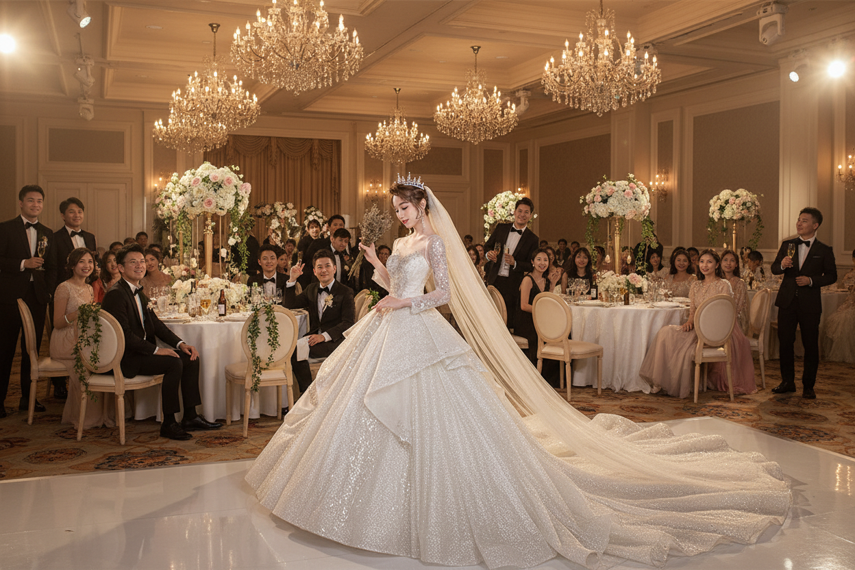 Long-sleeve wedding evening dress with fitted bodice, A-line skirt, and veil