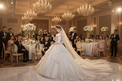 Long-sleeve wedding evening dress with fitted bodice, A-line skirt, and veil