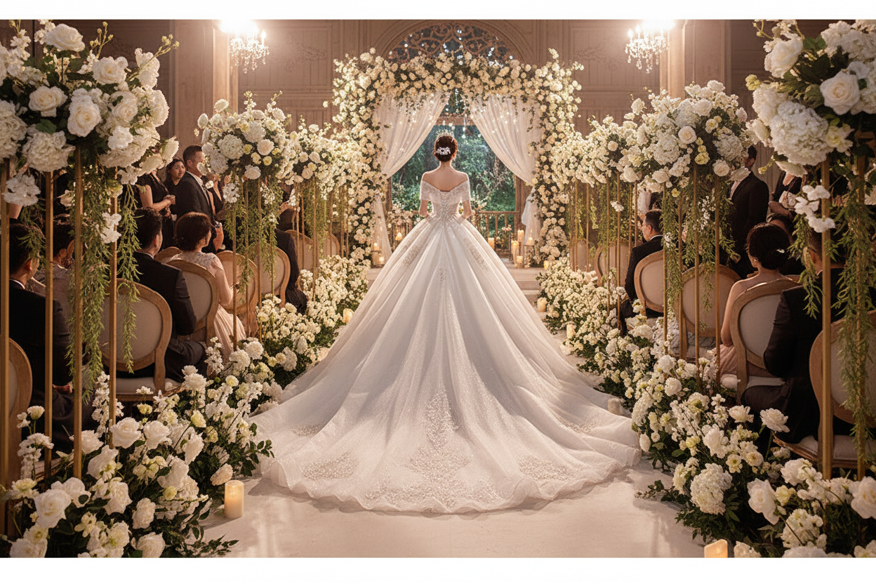 White bridal gown with lace bodice and flowing train, back view