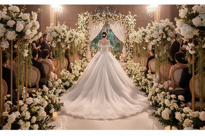 White bridal gown with lace bodice and flowing train, back view