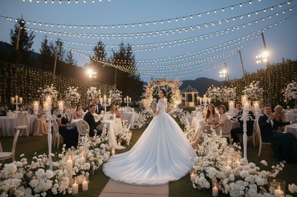 White bridal gown with voluminous skirt and long train, sparkling lace bodice