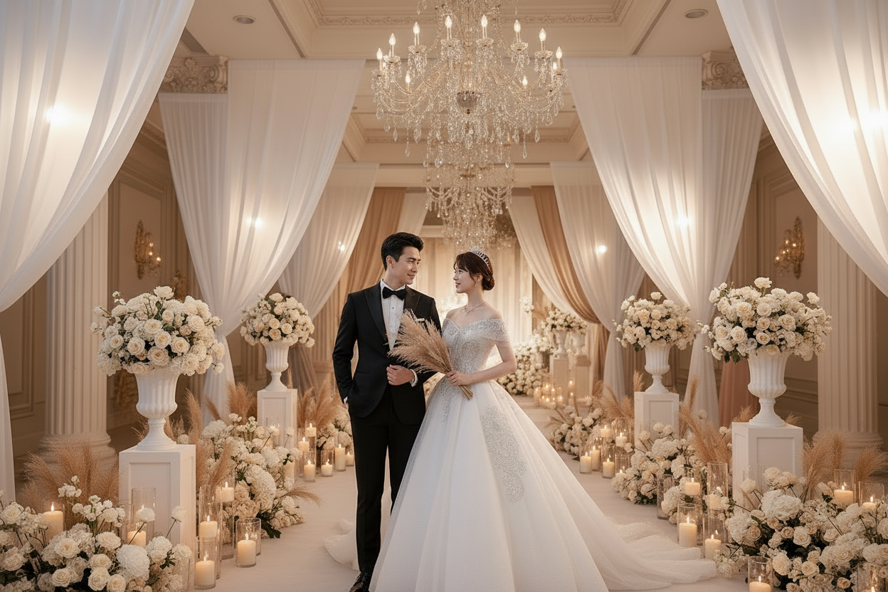 White bridal gown with lace bodice and flowing trailing skirt, sparkly one-shoulder look