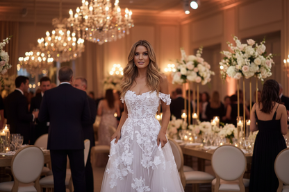 White off-shoulder lace A-line wedding dress with detailed lace bodice and skirt