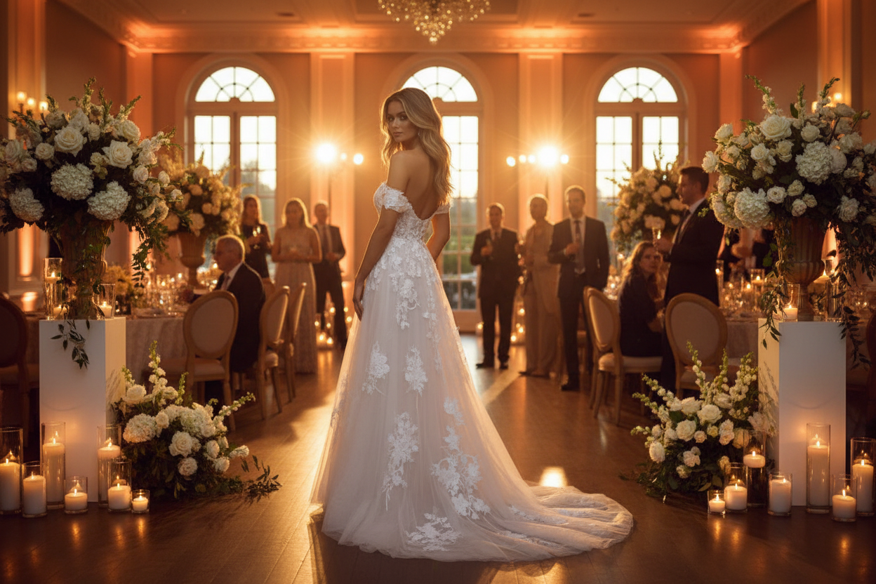 White off-shoulder lace A-line wedding dress with floral motifs and extended train
