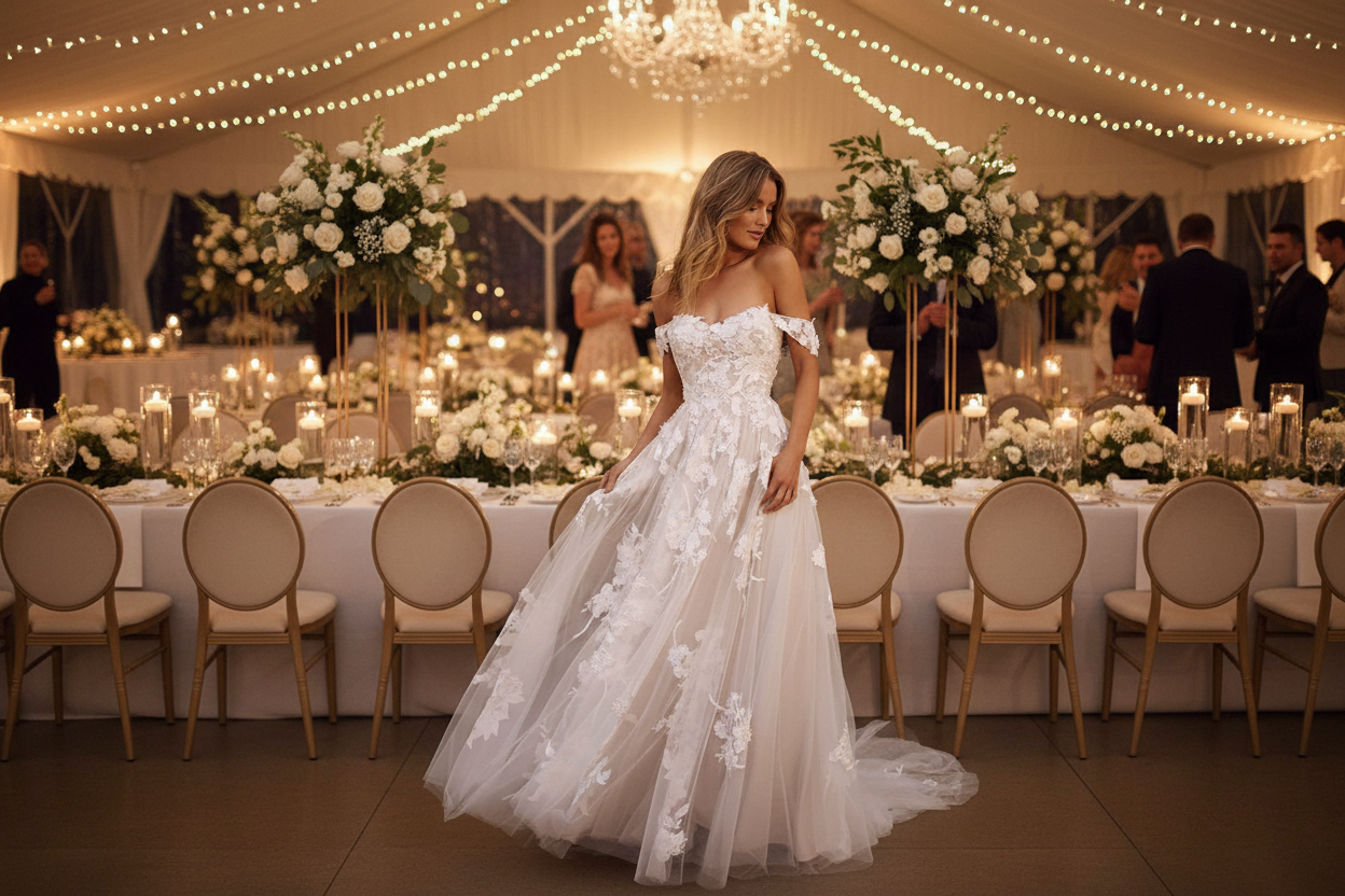 White off-shoulder lace A-line wedding dress with floral overlays and flared hem