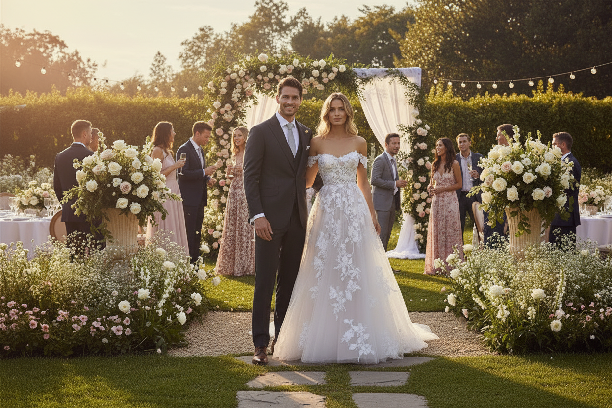 White off-shoulder lace A-line wedding dress with delicate appliques and full skirt