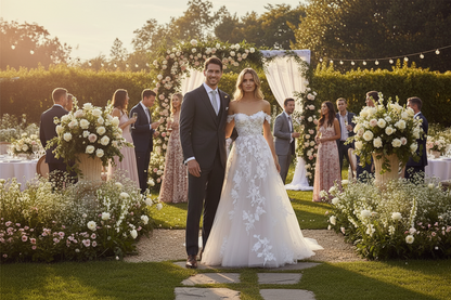 White off-shoulder lace A-line wedding dress with delicate appliques and full skirt