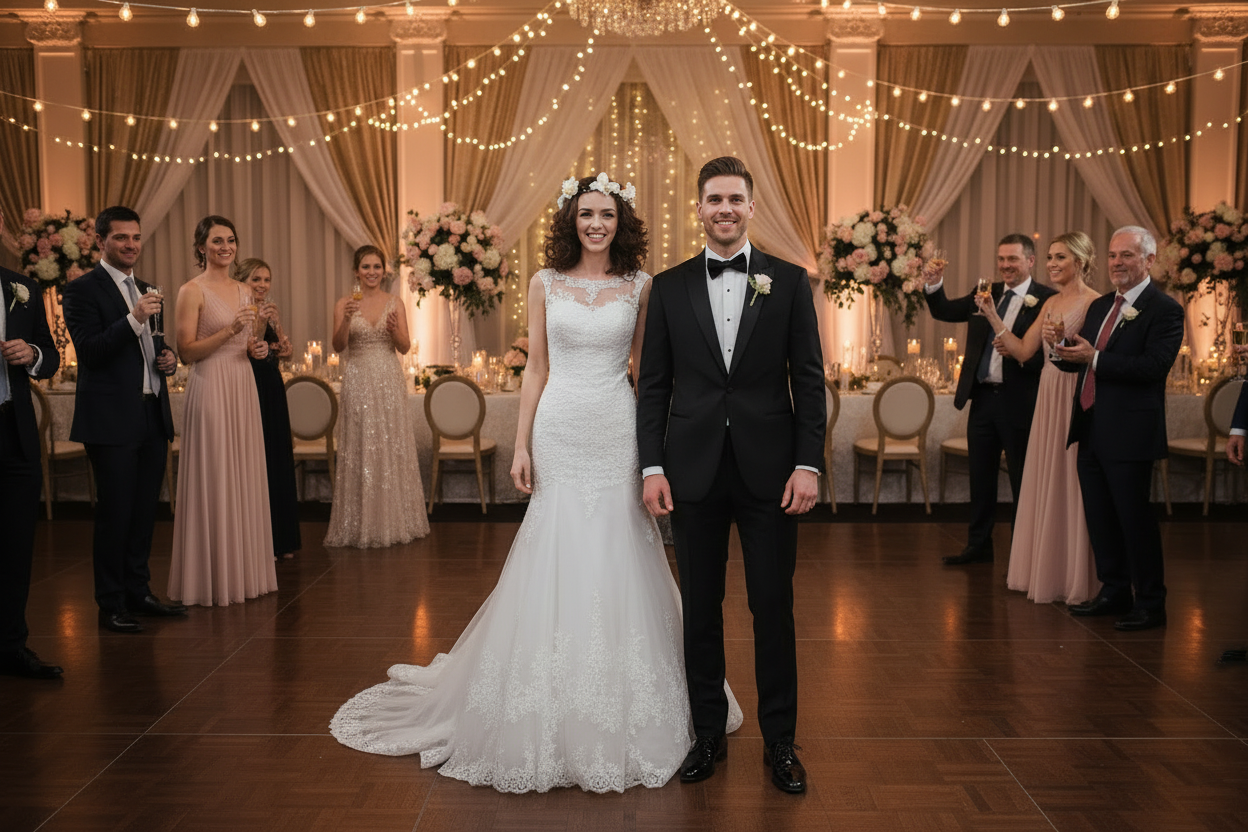 Ivory lace mermaid wedding dress with illusion neckline, fitted bodice, long train