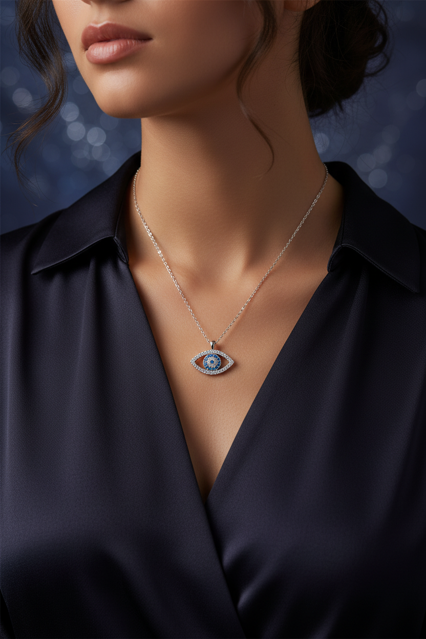 Sterling silver eye pendant necklace with blue eye centerpiece, oval setting, delicate chain