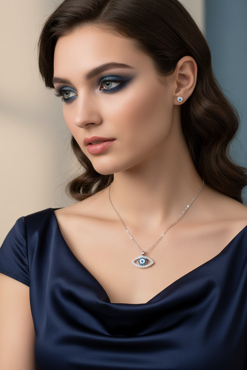 Sterling silver eye pendant necklace with blue eye motif, oval pendant, thin chain