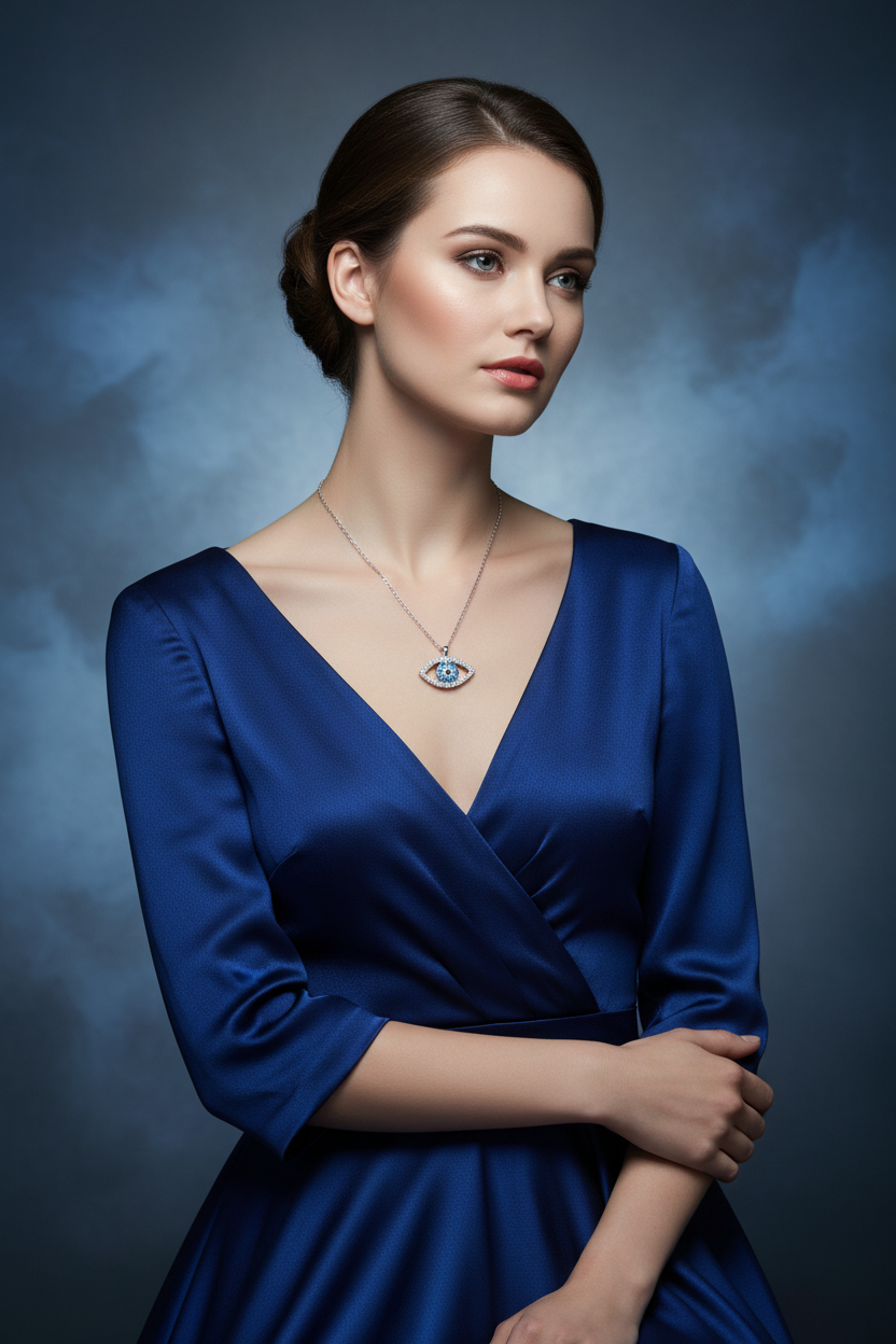Sterling silver eye pendant necklace with blue eye centerpiece, oval frame, fine chain