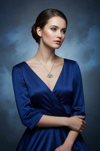Sterling silver eye pendant necklace with blue eye centerpiece, oval frame, fine chain