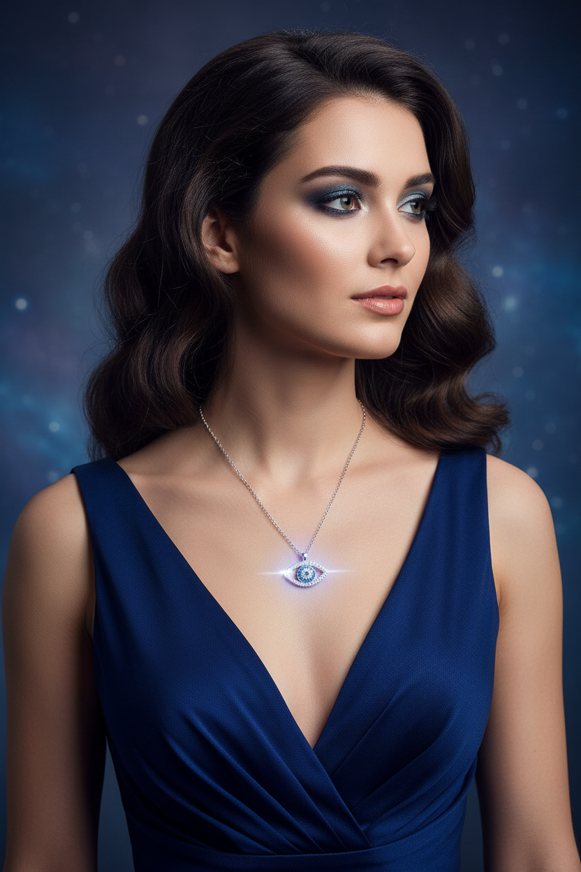 Sterling silver eye pendant necklace with blue eye centerpiece, bright reflective setting, chain