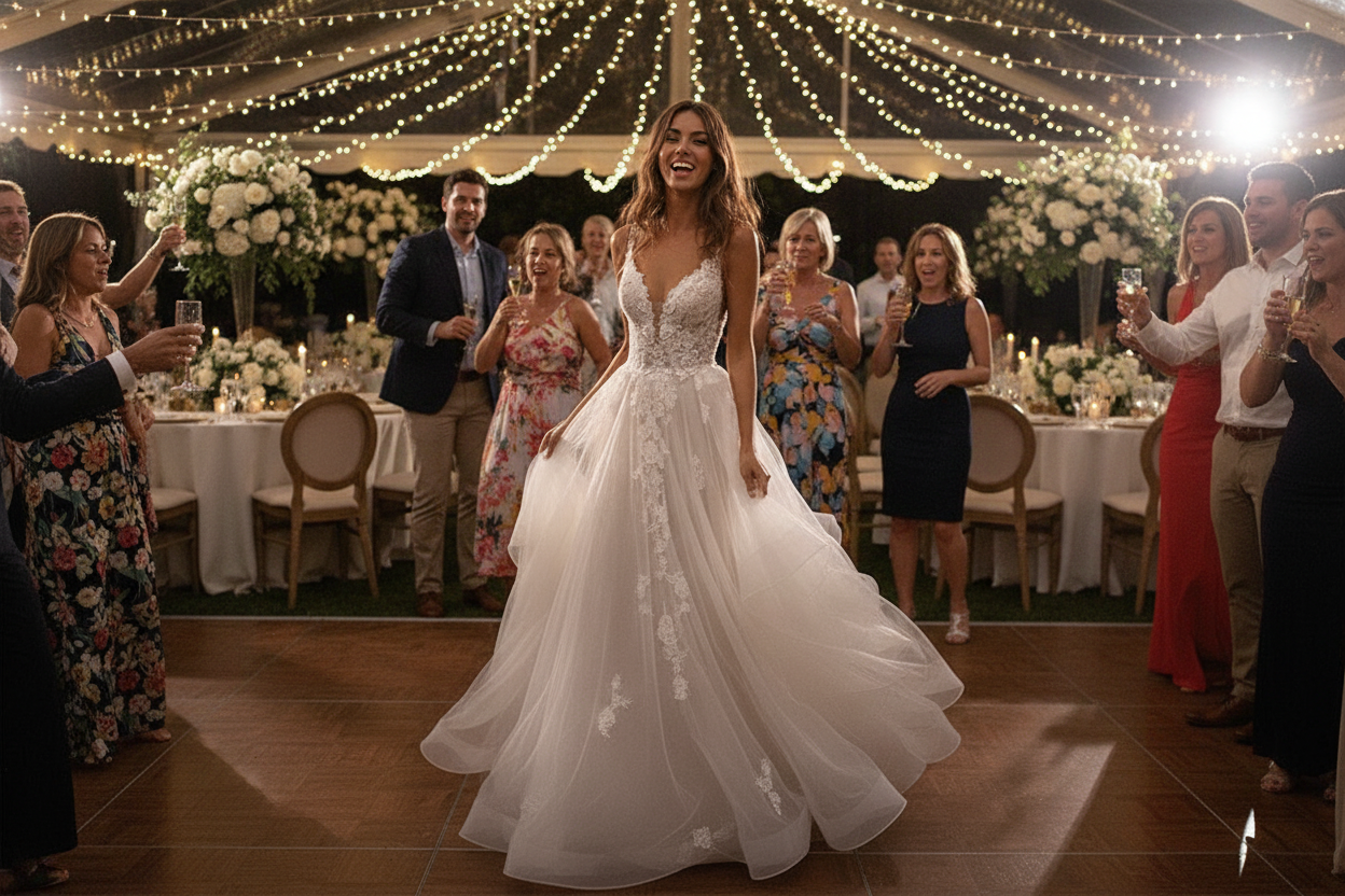 Ivory deep V-neck wedding dress with lace bodice and voluminous tulle skirt