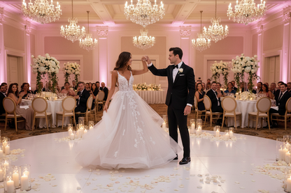Ivory deep V-neck wedding dress with lace appliques and full tulle skirt