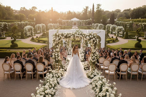 White deep V-neck wedding dress with lace bodice and flowing tulle skirt