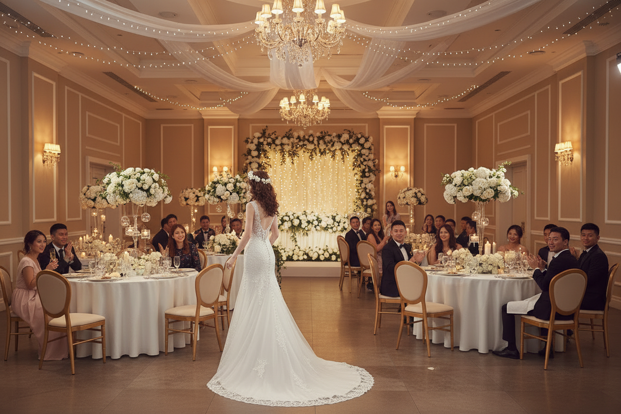 Ivory lace mermaid wedding dress with delicate lace overlay and trailing hem, back view