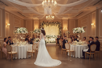 Ivory lace mermaid wedding dress with delicate lace overlay and trailing hem, back view