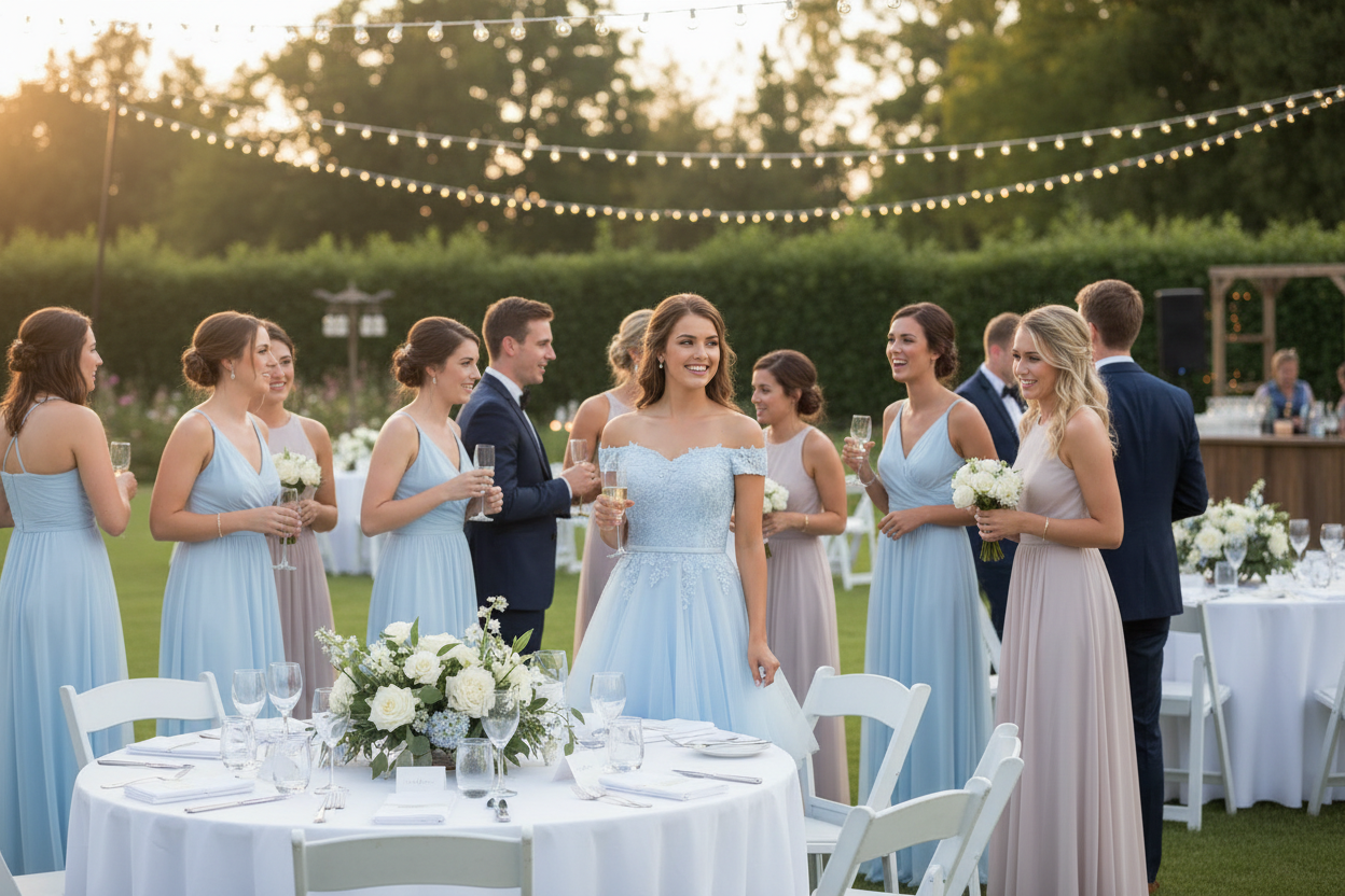 Blue Bridesmaid Sisters Evening Dress