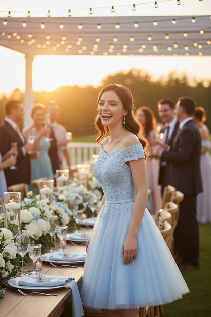 Blue Bridesmaid Sisters Evening Dress