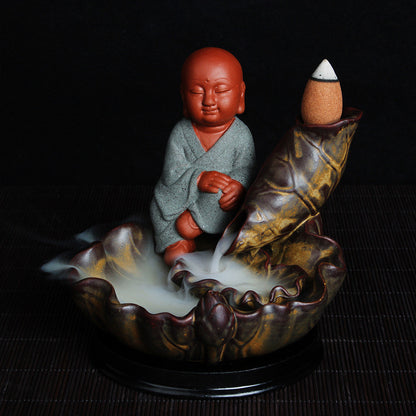 Extraordinary Ceramic Lotus Leaf Small  Monk Backflow Incense Line Insert Ornamental