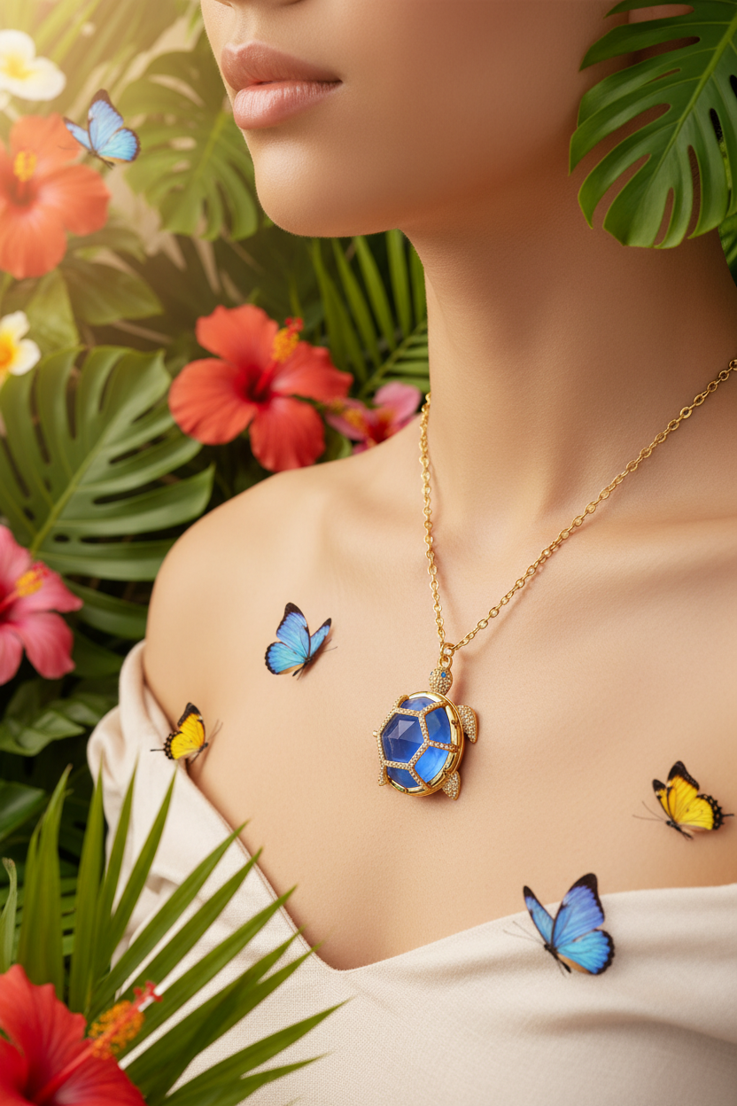 Gold turtle pendant necklace with blue gem; chain draped on shoulder