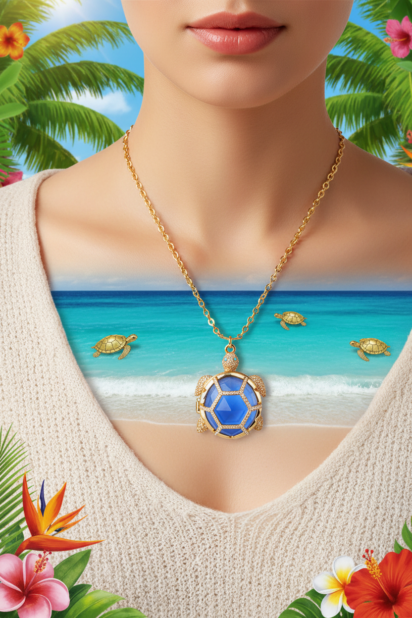 Gold-tone turtle charm necklace with blue pendant medallion and small turtle links.