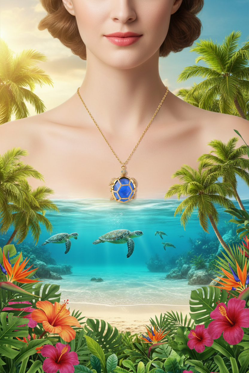 Gold turtle pendant necklace with blue faceted gem and rhinestone border